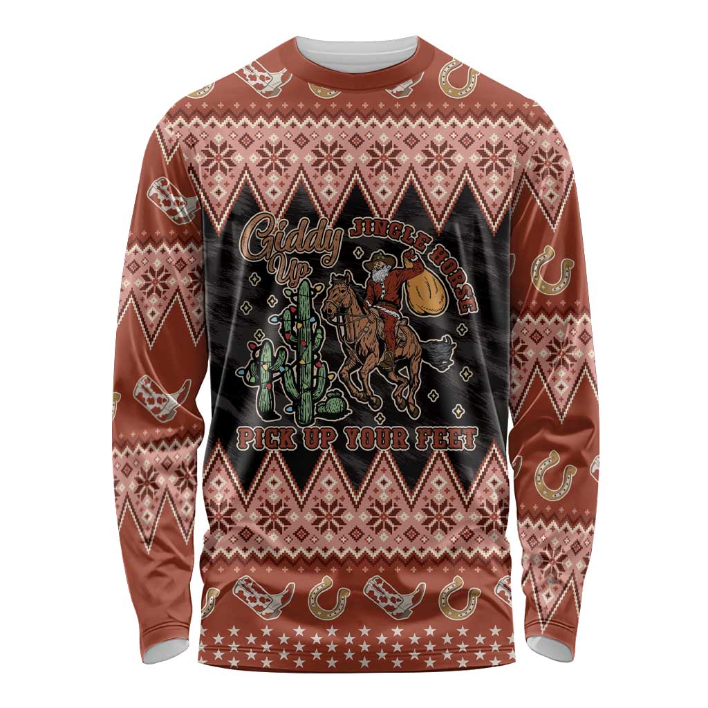 Howdy Christmas Cowboy Santa Long Sleeve Shirt Giddy Up Jingle Horse Pick Up Your Feet - Wonder Print Shop