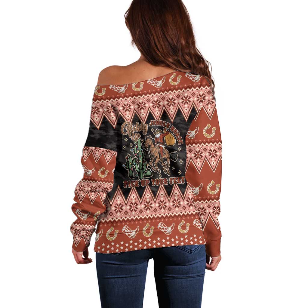 Howdy Christmas Cowboy Santa Off Shoulder Sweater Giddy Up Jingle Horse Pick Up Your Feet - Wonder Print Shop