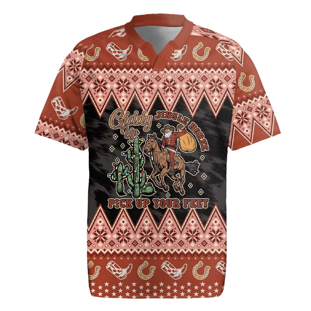 Howdy Christmas Cowboy Santa Rugby Jersey Giddy Up Jingle Horse Pick Up Your Feet - Wonder Print Shop