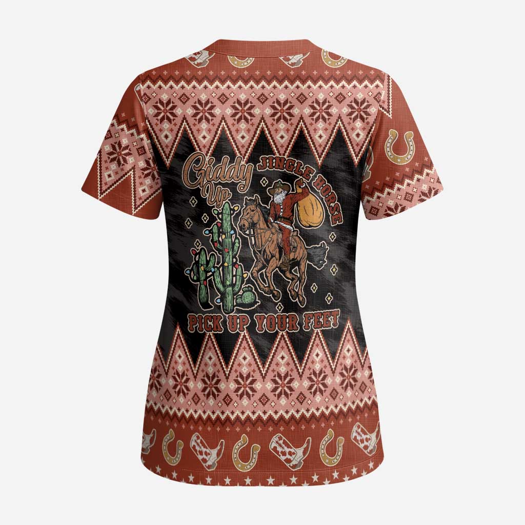 Howdy Christmas Cowboy Santa Scrub Top Giddy Up Jingle Horse Pick Up Your Feet - Wonder Print Shop