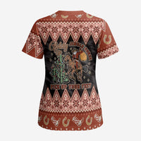 Howdy Christmas Cowboy Santa Scrub Top Giddy Up Jingle Horse Pick Up Your Feet - Wonder Print Shop