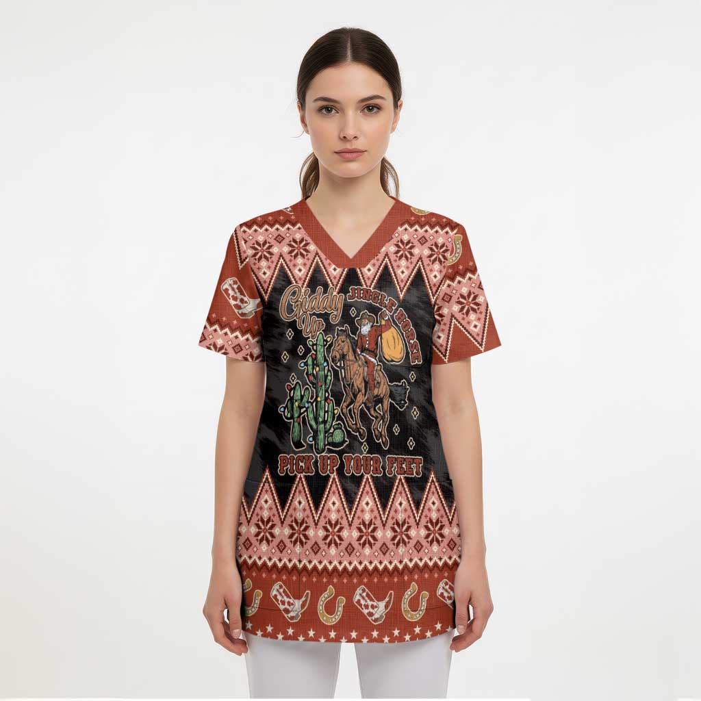 Howdy Christmas Cowboy Santa Scrub Top Giddy Up Jingle Horse Pick Up Your Feet - Wonder Print Shop
