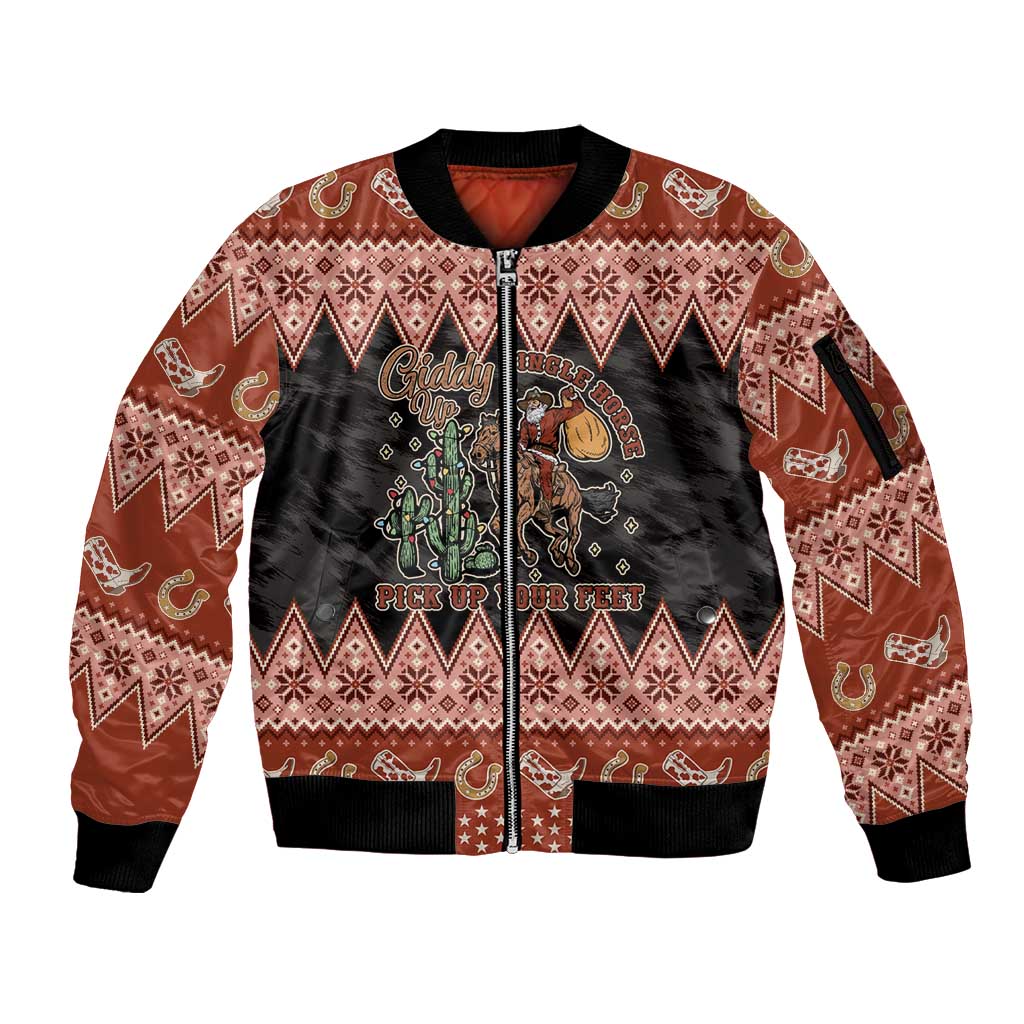 Howdy Christmas Cowboy Santa Sleeve Zip Bomber Jacket Giddy Up Jingle Horse Pick Up Your Feet - Wonder Print Shop