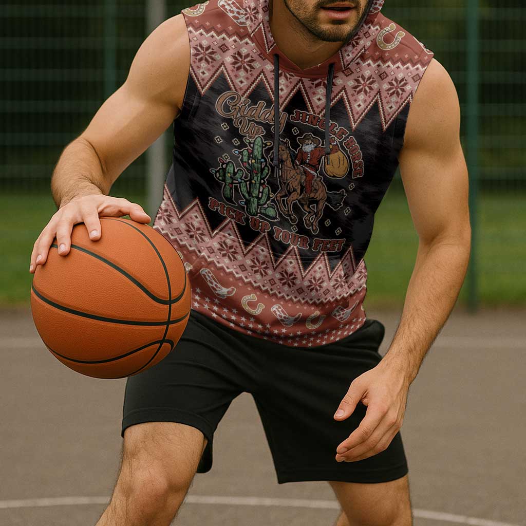 Howdy Christmas Cowboy Santa Sleeveless Hoodie Giddy Up Jingle Horse Pick Up Your Feet - Wonder Print Shop