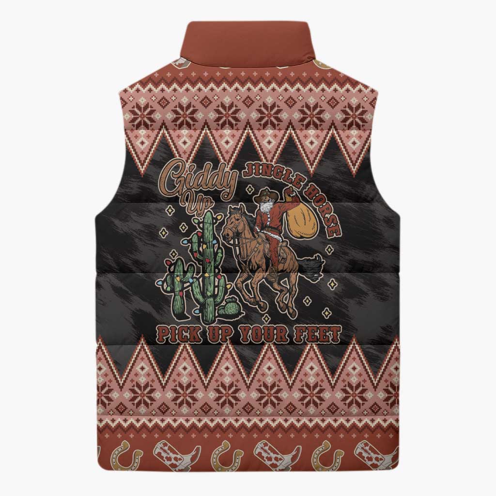 Howdy Christmas Cowboy Santa Sleeveless Puffer Jacket Giddy Up Jingle Horse Pick Up Your Feet - Wonder Print Shop