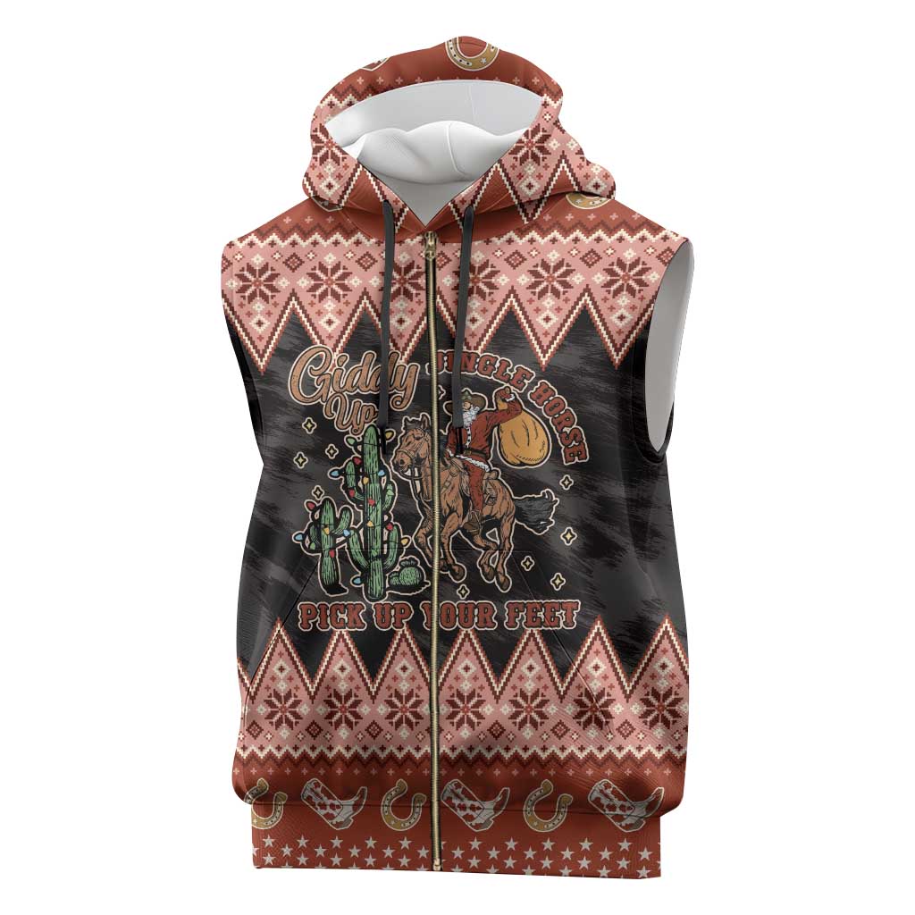 Howdy Christmas Cowboy Santa Sleeveless Zip Hoodie Giddy Up Jingle Horse Pick Up Your Feet - Wonder Print Shop