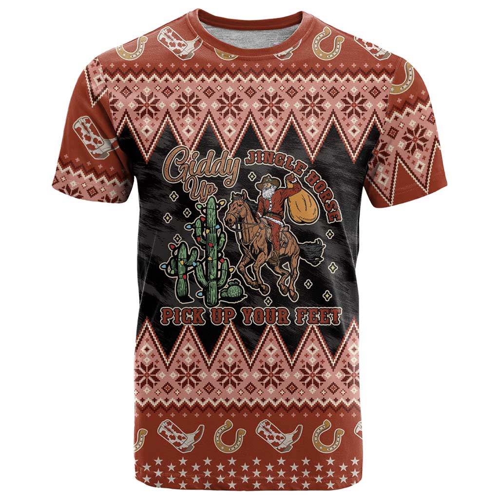 Howdy Christmas Cowboy Santa T Shirt Giddy Up Jingle Horse Pick Up Your Feet - Wonder Print Shop