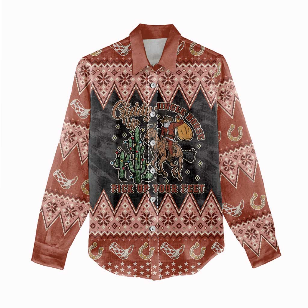 Howdy Christmas Cowboy Santa Women Casual Shirt Giddy Up Jingle Horse Pick Up Your Feet - Wonder Print Shop