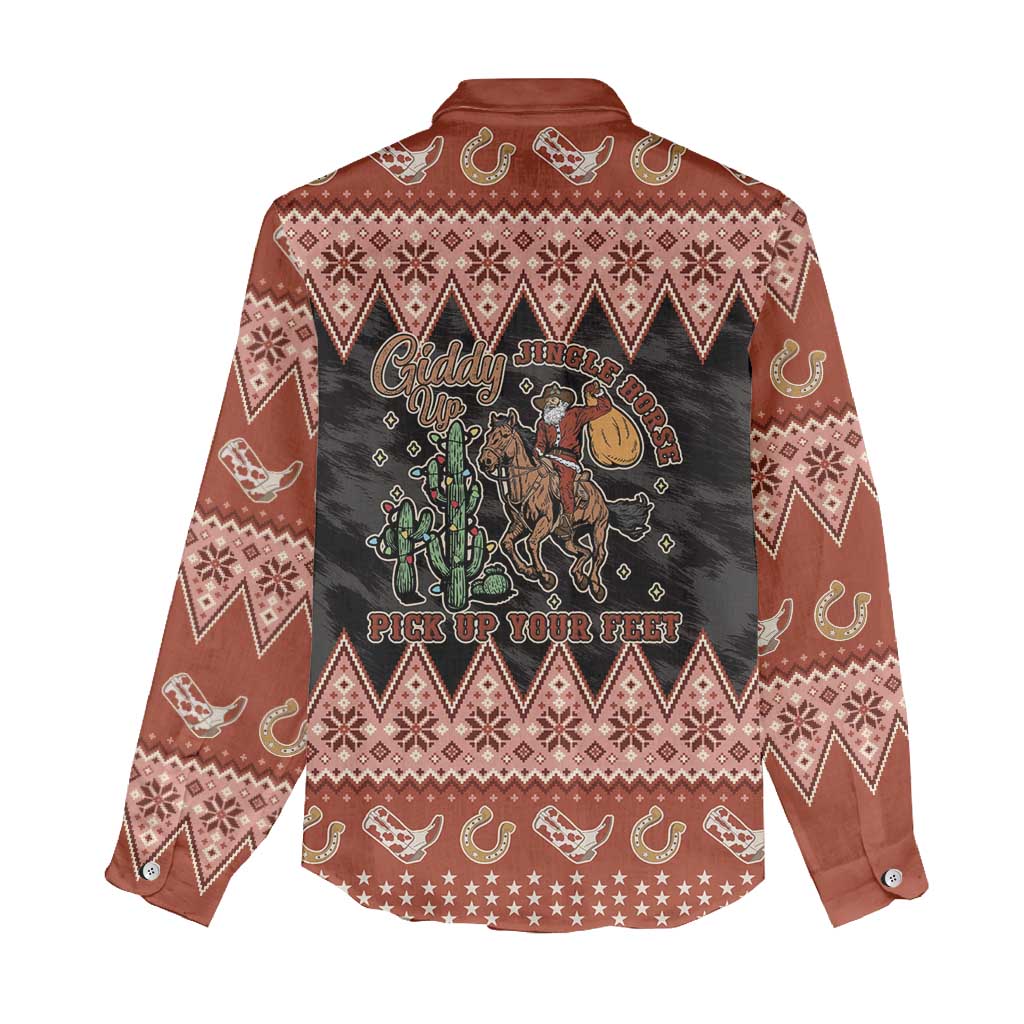 Howdy Christmas Cowboy Santa Women Casual Shirt Giddy Up Jingle Horse Pick Up Your Feet - Wonder Print Shop