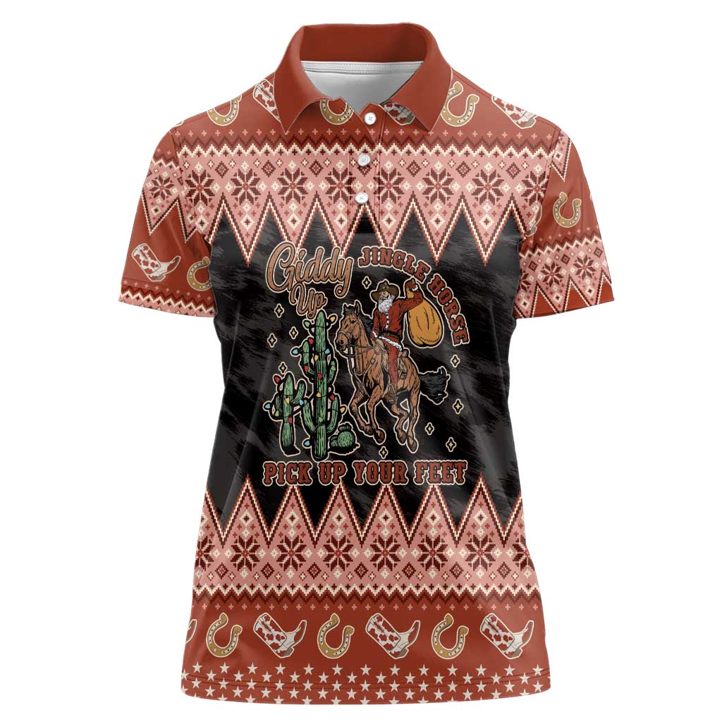 Howdy Christmas Cowboy Santa Women Polo Shirt Giddy Up Jingle Horse Pick Up Your Feet - Wonder Print Shop