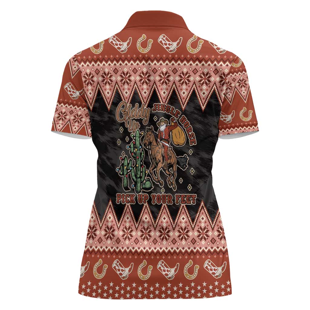 Howdy Christmas Cowboy Santa Women Polo Shirt Giddy Up Jingle Horse Pick Up Your Feet - Wonder Print Shop