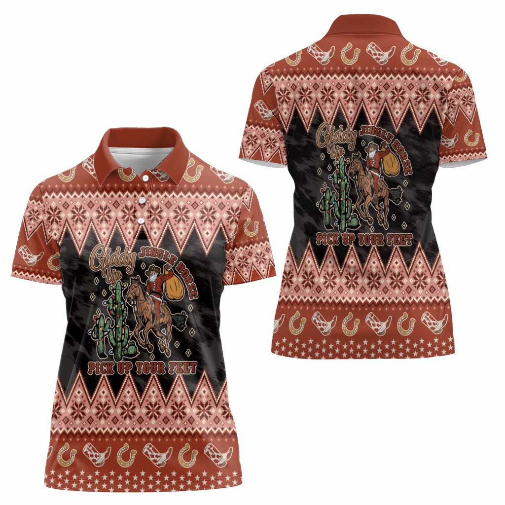 Howdy Christmas Cowboy Santa Women Polo Shirt Giddy Up Jingle Horse Pick Up Your Feet - Wonder Print Shop