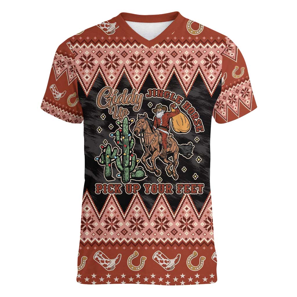 Howdy Christmas Cowboy Santa Women V-Neck T-Shirt Giddy Up Jingle Horse Pick Up Your Feet - Wonder Print Shop