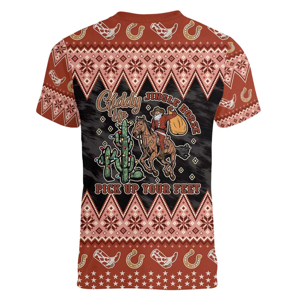 Howdy Christmas Cowboy Santa Women V-Neck T-Shirt Giddy Up Jingle Horse Pick Up Your Feet - Wonder Print Shop