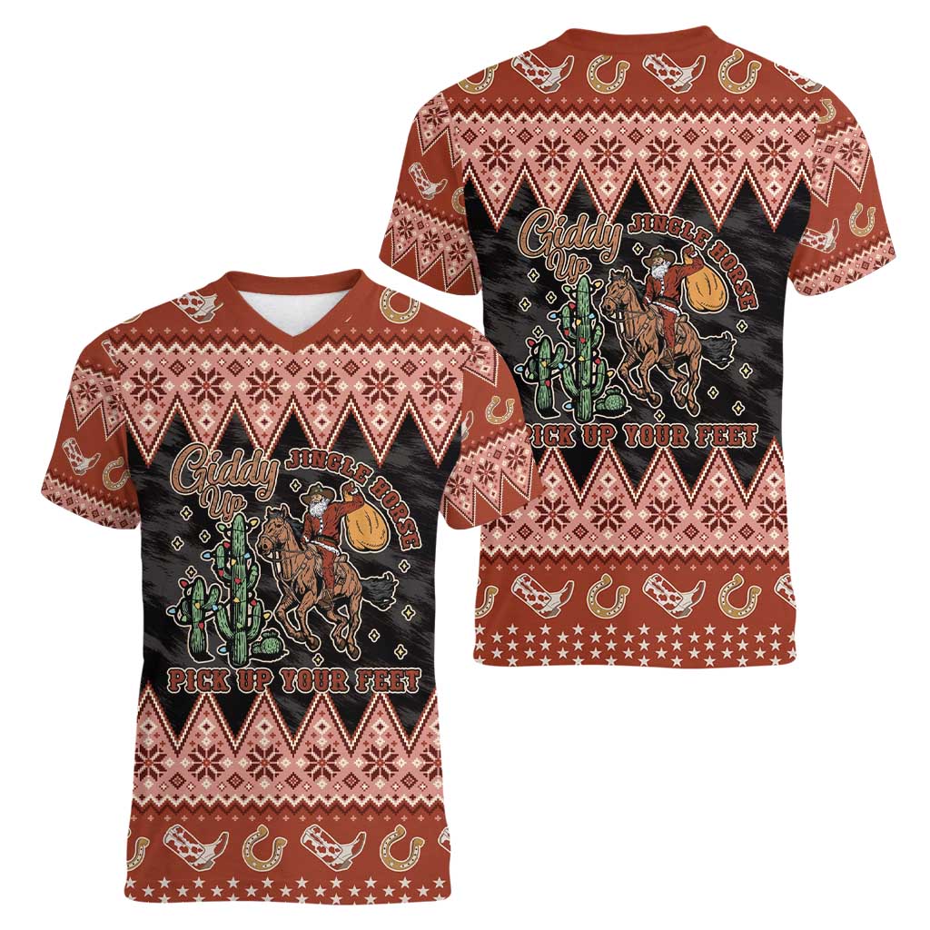 Howdy Christmas Cowboy Santa Women V-Neck T-Shirt Giddy Up Jingle Horse Pick Up Your Feet - Wonder Print Shop