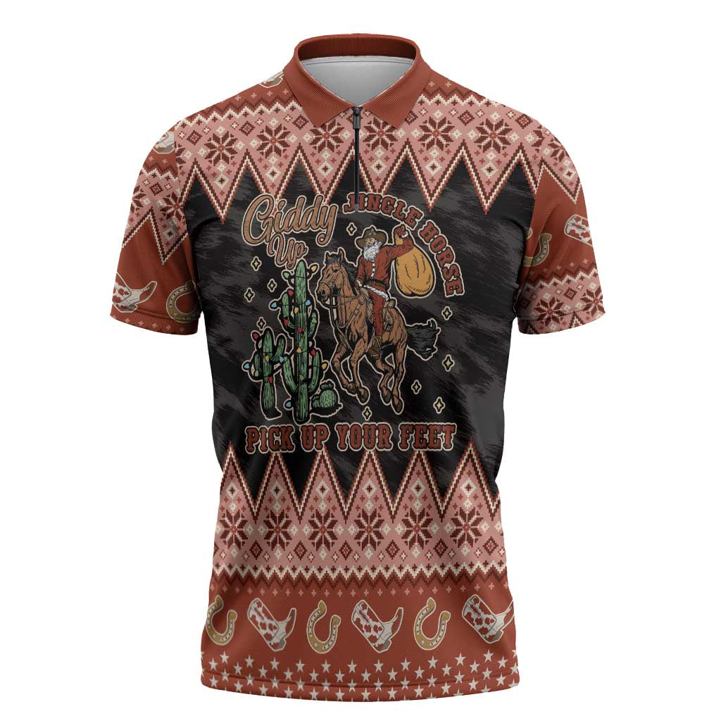 Howdy Christmas Cowboy Santa Zipper Polo Shirt Giddy Up Jingle Horse Pick Up Your Feet - Wonder Print Shop