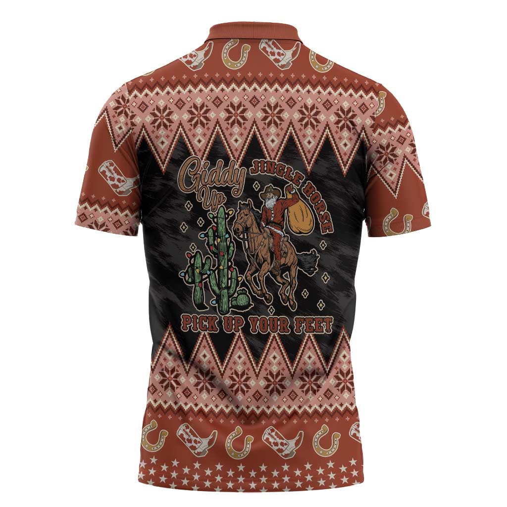 Howdy Christmas Cowboy Santa Zipper Polo Shirt Giddy Up Jingle Horse Pick Up Your Feet - Wonder Print Shop