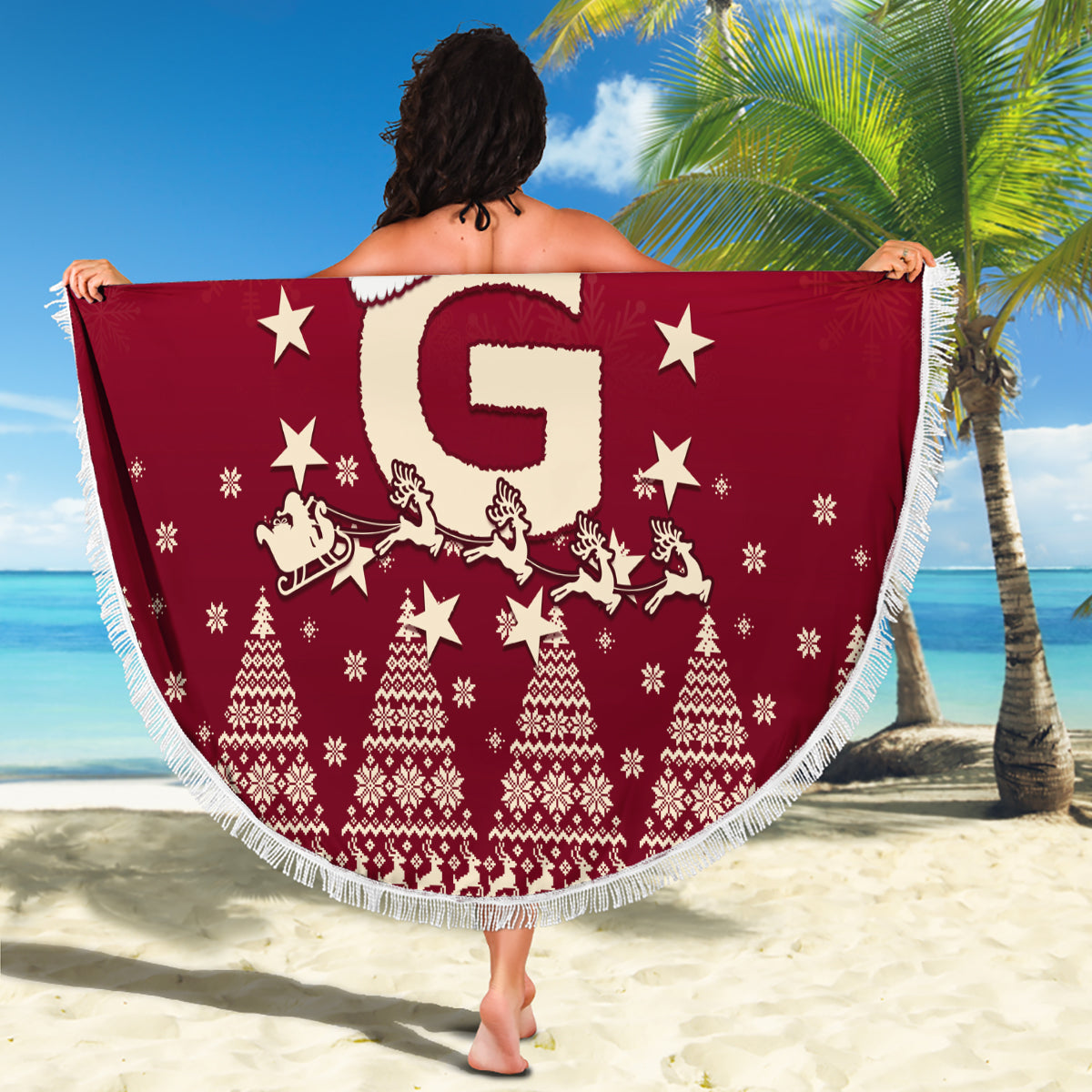 Georgia Christmas Beach Blanket Santa Riding Reindeer Xmas Pattern - Wonder Print Shop