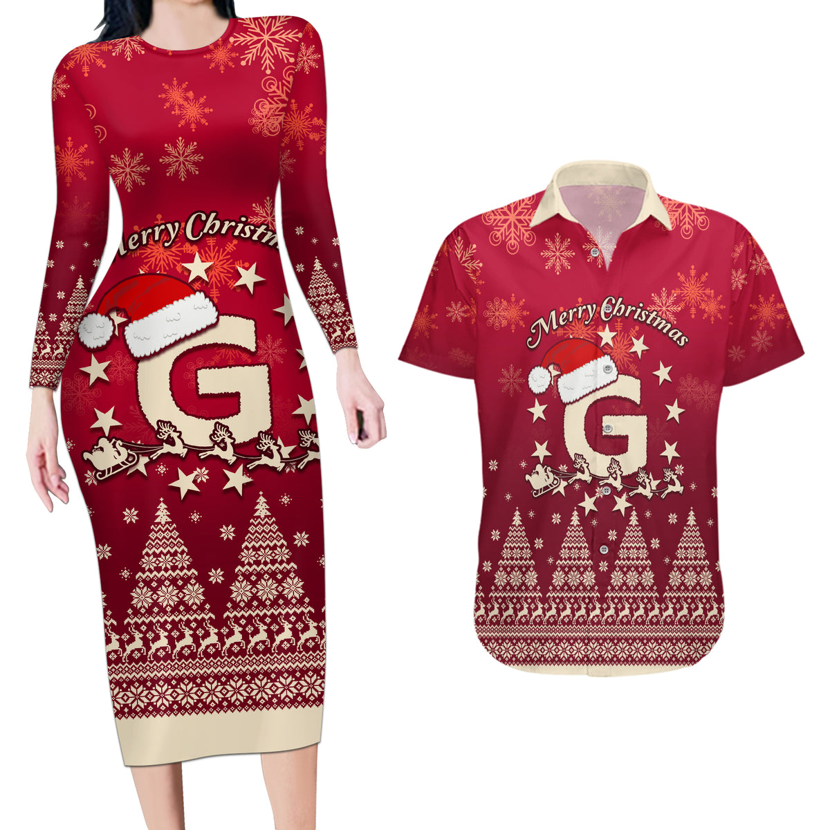 Georgia Christmas Couples Matching Long Sleeve Bodycon Dress and Hawaiian Shirt Santa Riding Reindeer Xmas Pattern - Wonder Print Shop