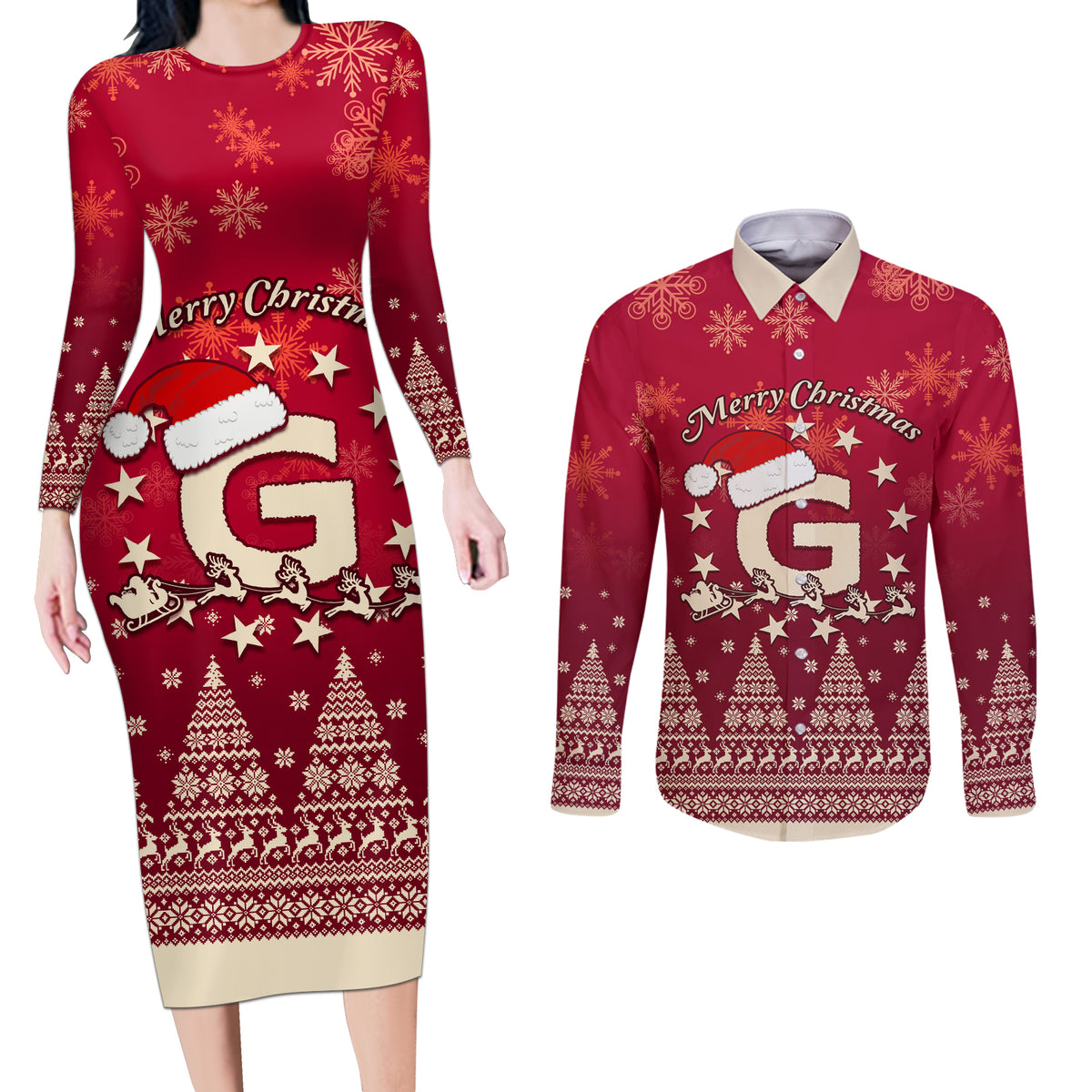 Georgia Christmas Couples Matching Long Sleeve Bodycon Dress and Long Sleeve Button Shirt Santa Riding Reindeer Xmas Pattern - Wonder Print Shop