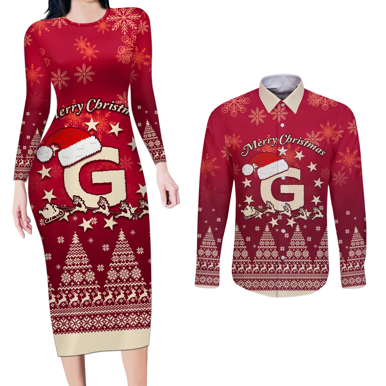 Georgia Christmas Couples Matching Long Sleeve Bodycon Dress and Long Sleeve Button Shirt Santa Riding Reindeer Xmas Pattern - Wonder Print Shop