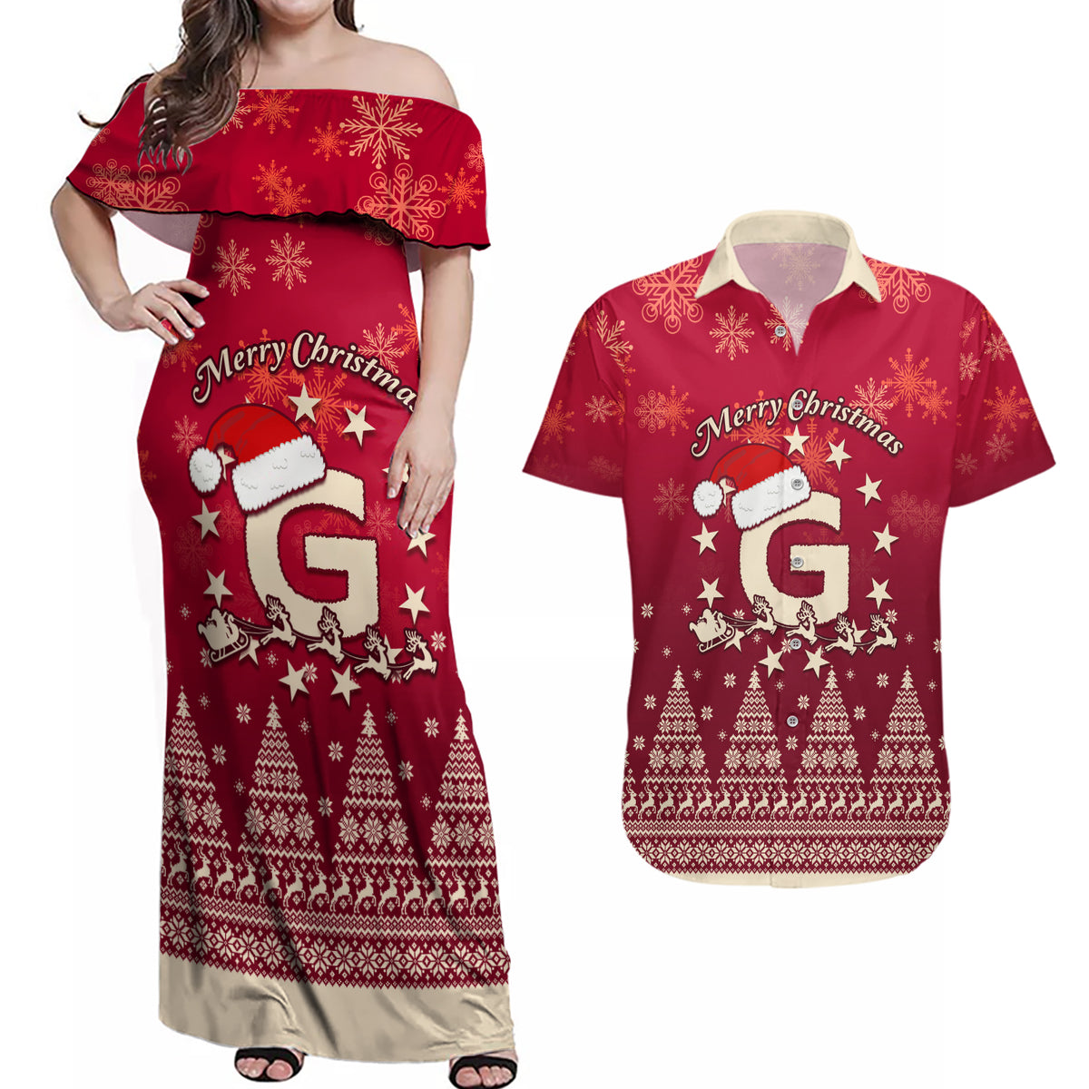 Georgia Christmas Couples Matching Off Shoulder Maxi Dress and Hawaiian Shirt Santa Riding Reindeer Xmas Pattern - Wonder Print Shop