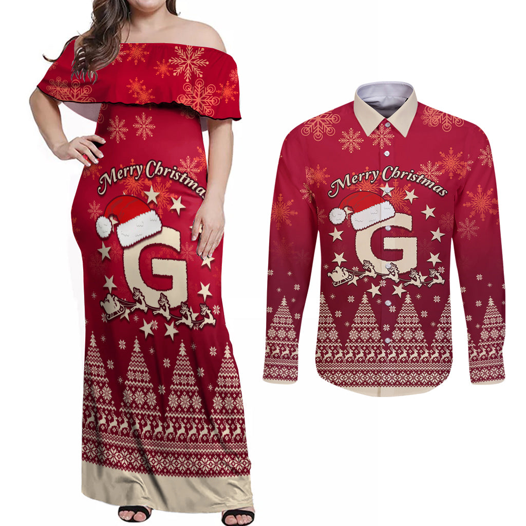 Georgia Christmas Couples Matching Off Shoulder Maxi Dress and Long Sleeve Button Shirt Santa Riding Reindeer Xmas Pattern - Wonder Print Shop