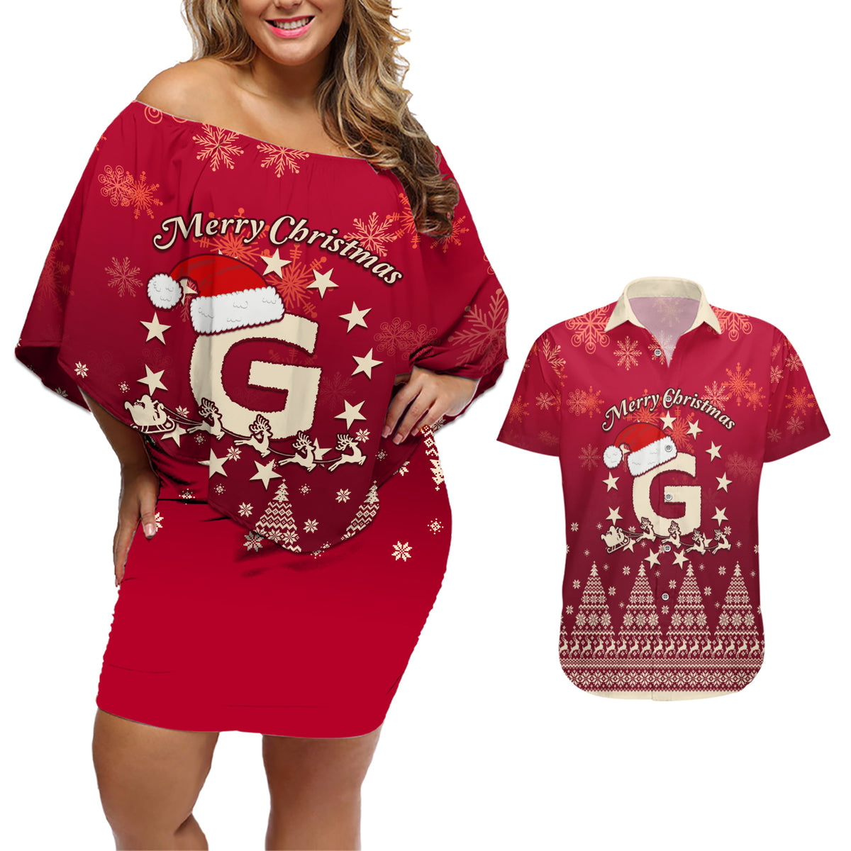 Georgia Christmas Couples Matching Off Shoulder Short Dress and Hawaiian Shirt Santa Riding Reindeer Xmas Pattern - Wonder Print Shop