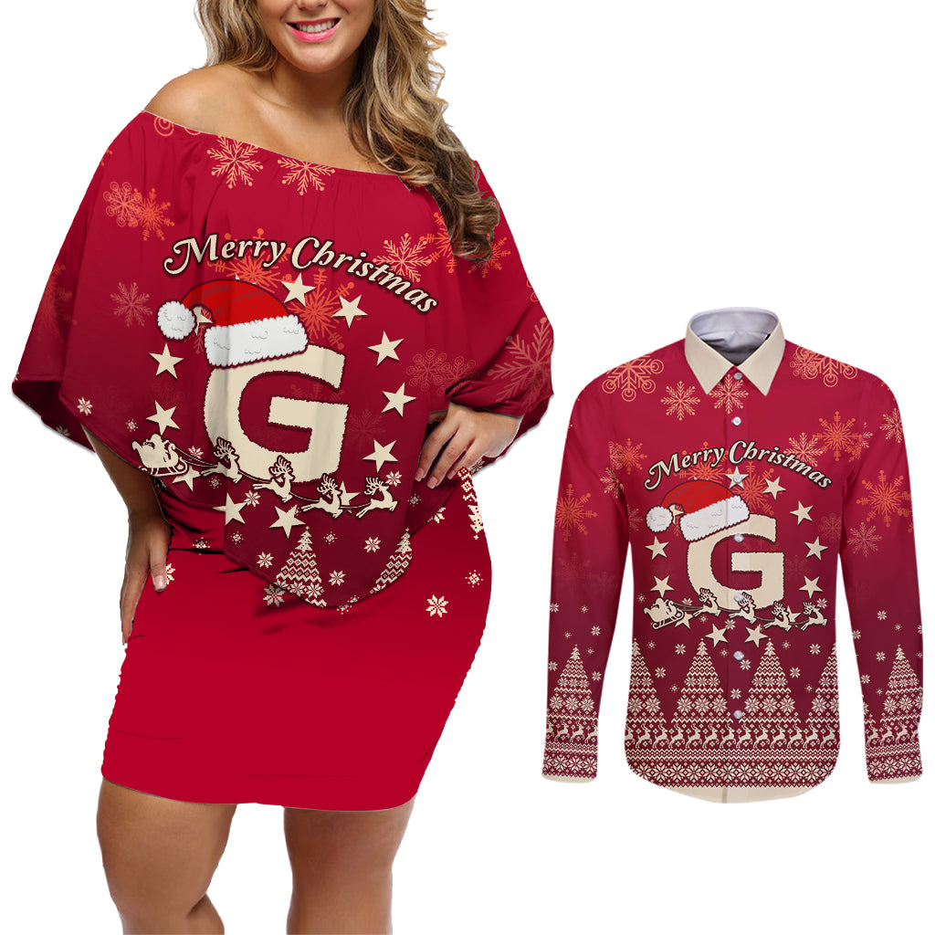 Georgia Christmas Couples Matching Off Shoulder Short Dress and Long Sleeve Button Shirt Santa Riding Reindeer Xmas Pattern - Wonder Print Shop
