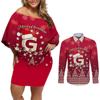 Georgia Christmas Couples Matching Off Shoulder Short Dress and Long Sleeve Button Shirt Santa Riding Reindeer Xmas Pattern - Wonder Print Shop