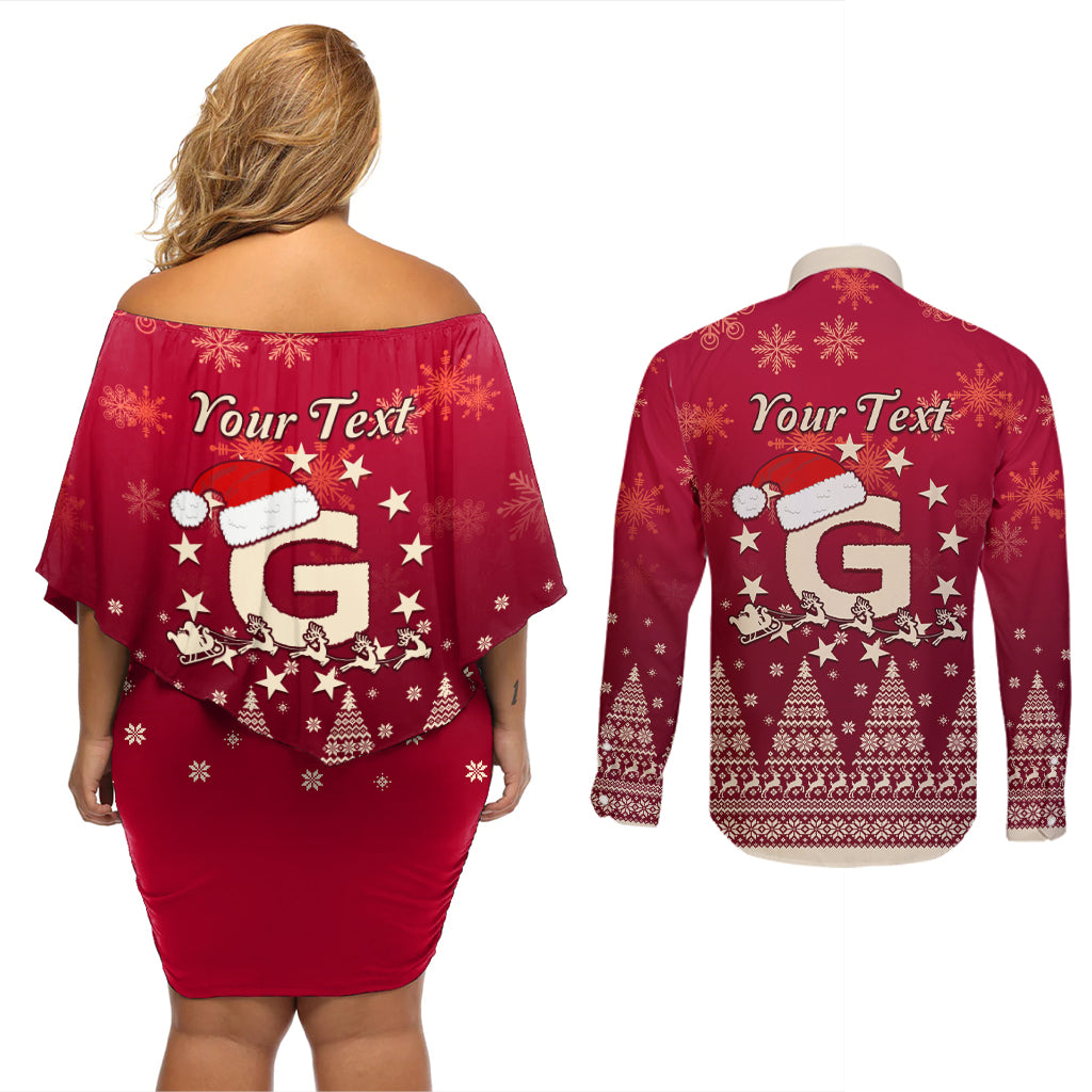 Georgia Christmas Couples Matching Off Shoulder Short Dress and Long Sleeve Button Shirt Santa Riding Reindeer Xmas Pattern - Wonder Print Shop