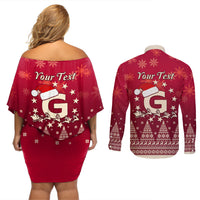Georgia Christmas Couples Matching Off Shoulder Short Dress and Long Sleeve Button Shirt Santa Riding Reindeer Xmas Pattern - Wonder Print Shop