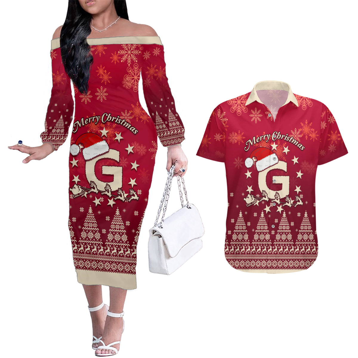Georgia Christmas Couples Matching Off The Shoulder Long Sleeve Dress and Hawaiian Shirt Santa Riding Reindeer Xmas Pattern - Wonder Print Shop