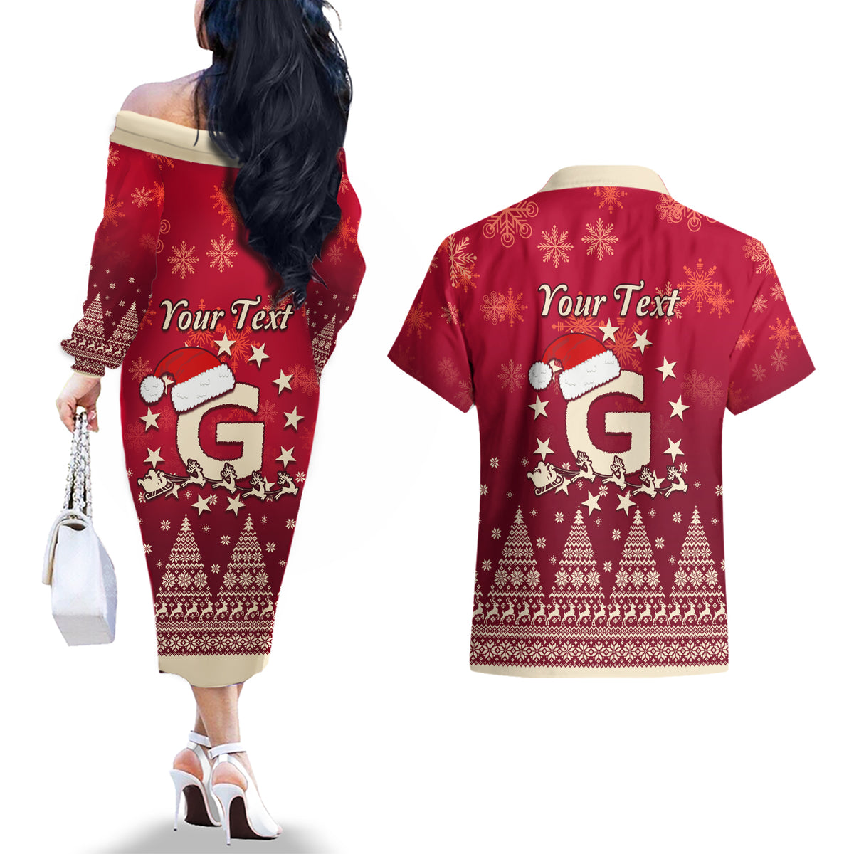 Georgia Christmas Couples Matching Off The Shoulder Long Sleeve Dress and Hawaiian Shirt Santa Riding Reindeer Xmas Pattern - Wonder Print Shop