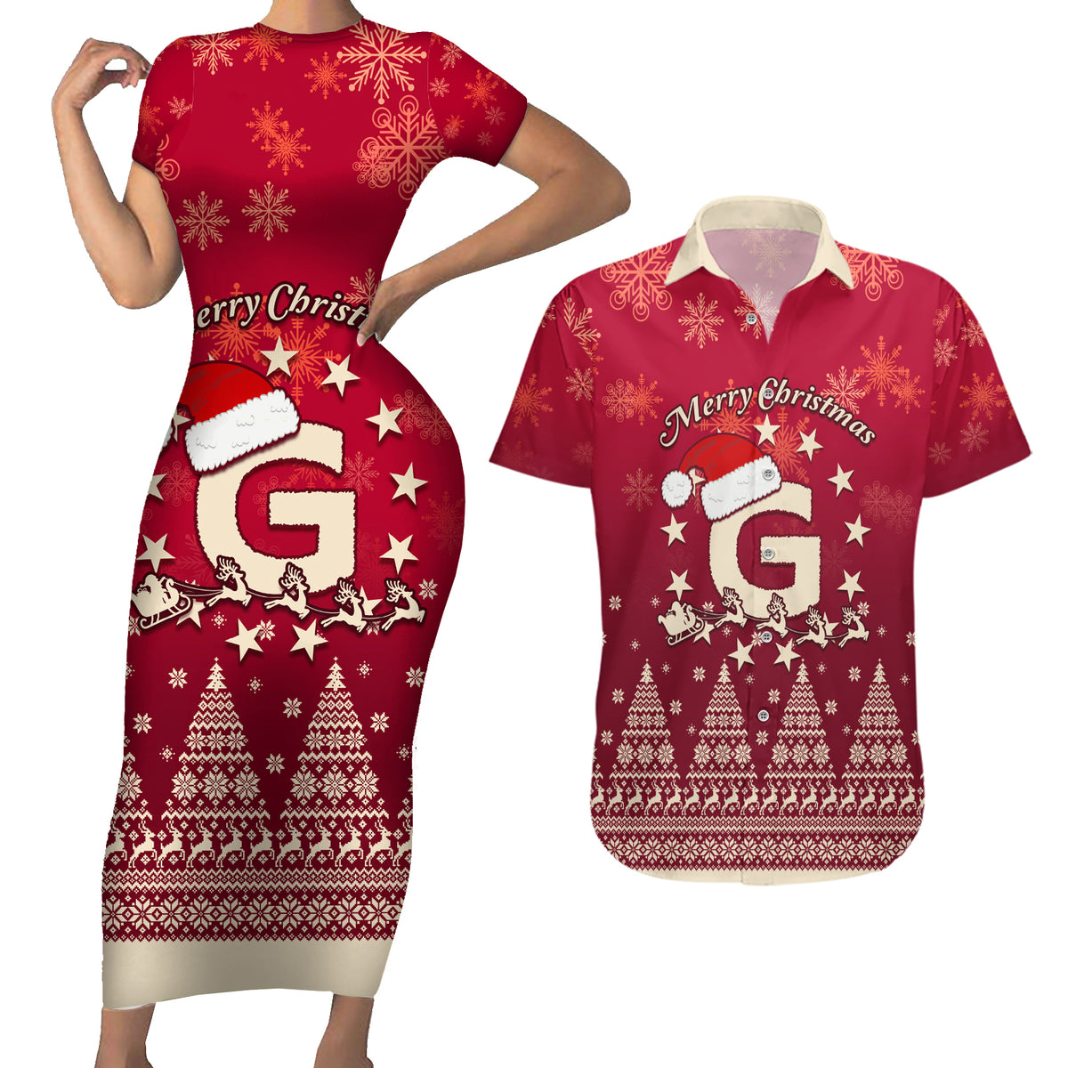 Georgia Christmas Couples Matching Short Sleeve Bodycon Dress and Hawaiian Shirt Santa Riding Reindeer Xmas Pattern - Wonder Print Shop