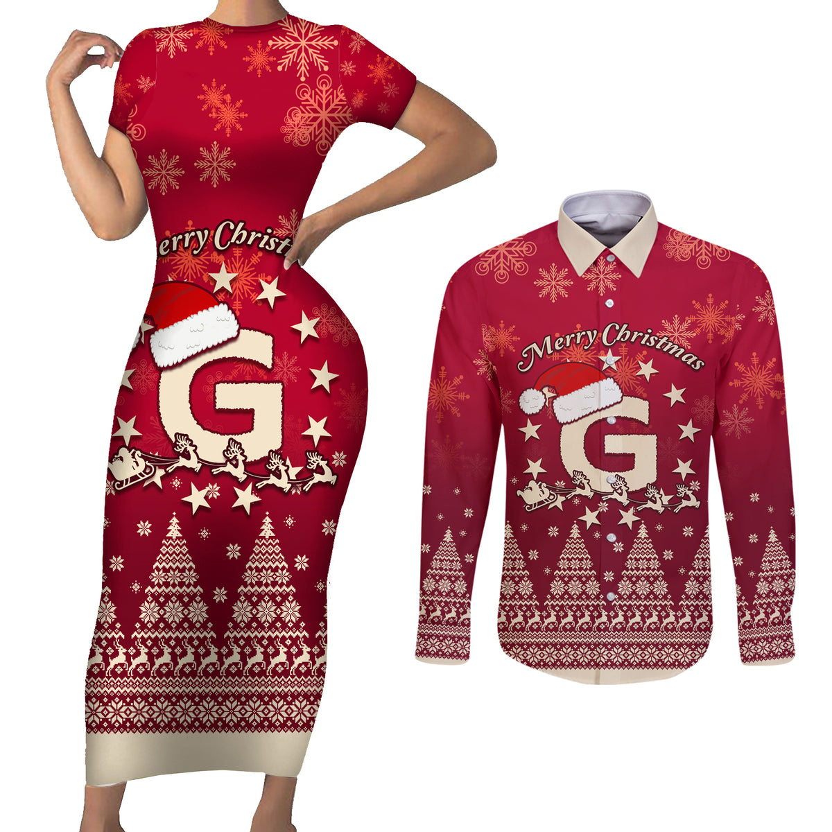 Georgia Christmas Couples Matching Short Sleeve Bodycon Dress and Long Sleeve Button Shirt Santa Riding Reindeer Xmas Pattern - Wonder Print Shop