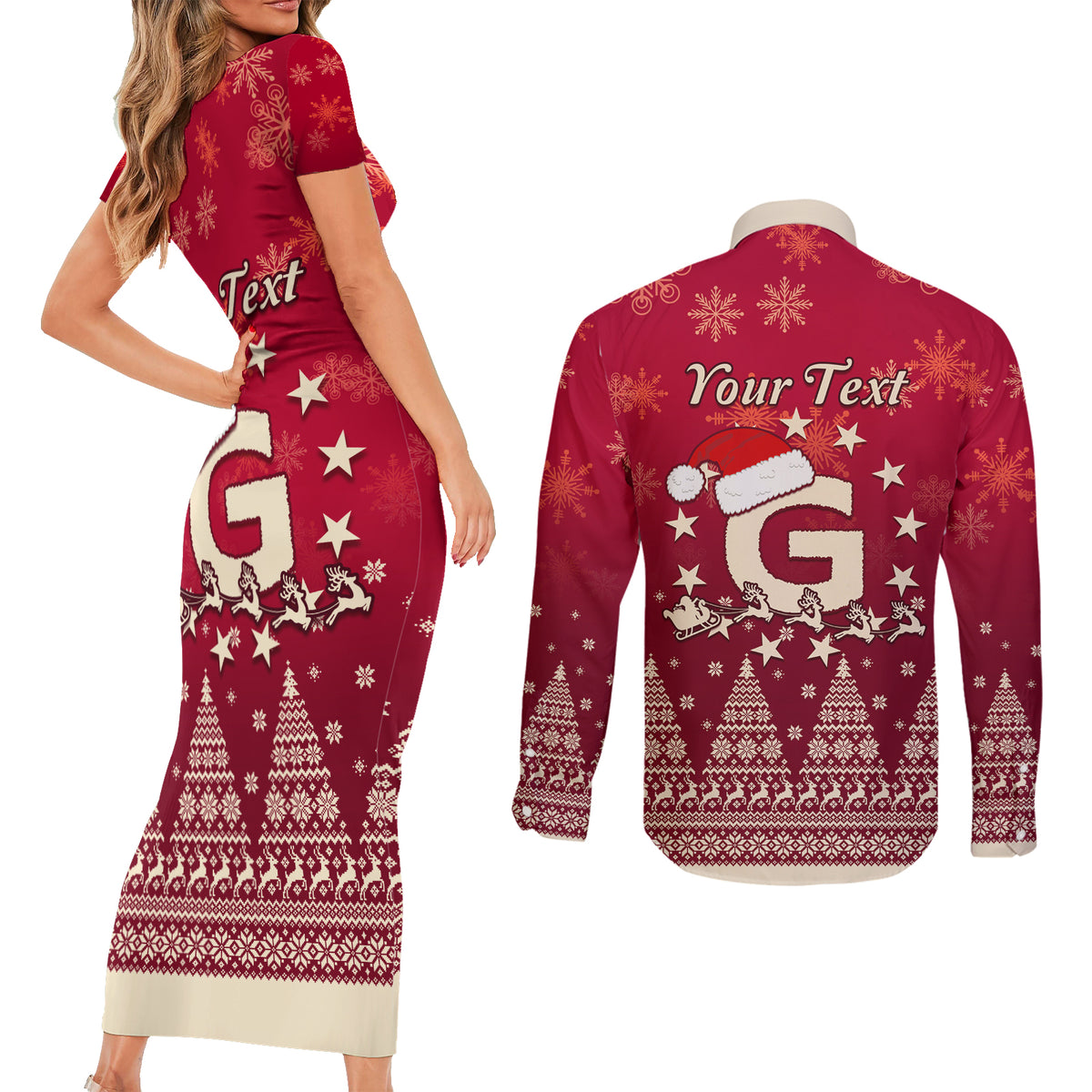 Georgia Christmas Couples Matching Short Sleeve Bodycon Dress and Long Sleeve Button Shirt Santa Riding Reindeer Xmas Pattern - Wonder Print Shop
