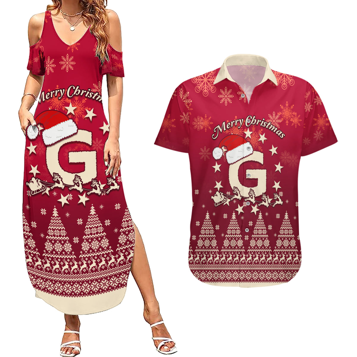 Georgia Christmas Couples Matching Summer Maxi Dress and Hawaiian Shirt Santa Riding Reindeer Xmas Pattern - Wonder Print Shop