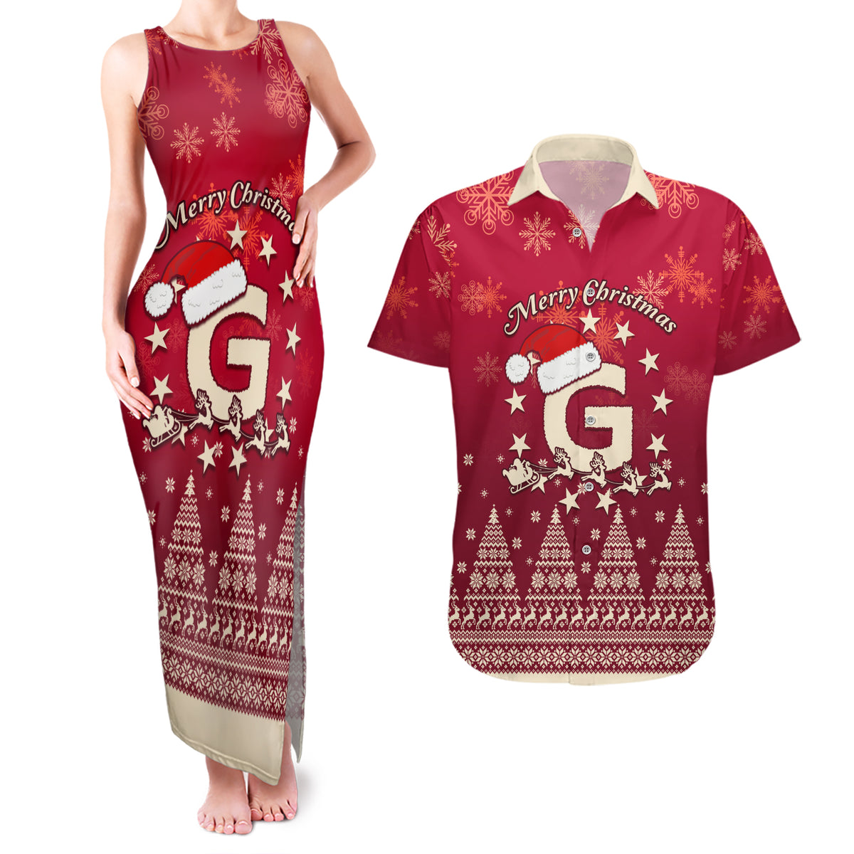 Georgia Christmas Couples Matching Tank Maxi Dress and Hawaiian Shirt Santa Riding Reindeer Xmas Pattern - Wonder Print Shop
