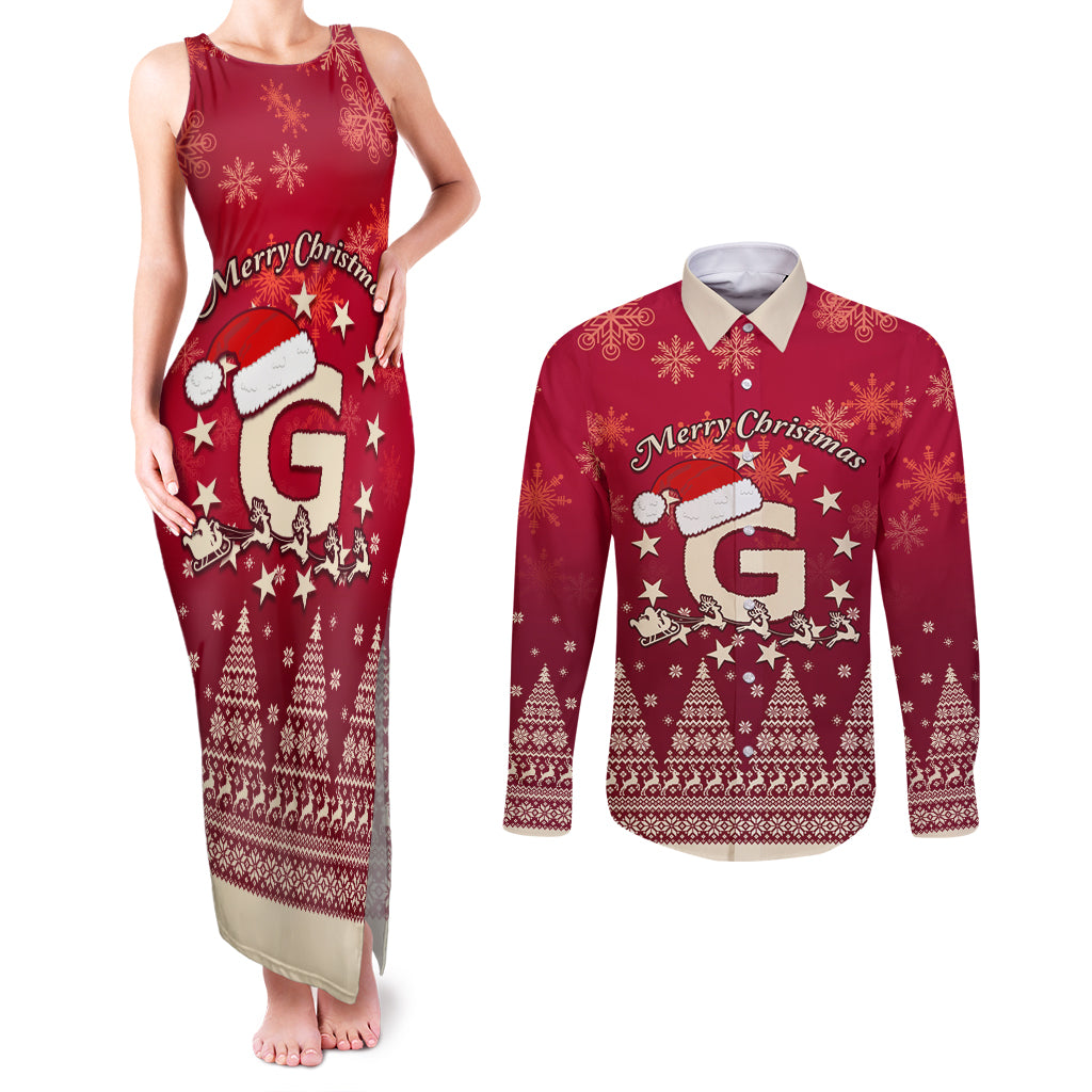 Georgia Christmas Couples Matching Tank Maxi Dress and Long Sleeve Button Shirt Santa Riding Reindeer Xmas Pattern - Wonder Print Shop