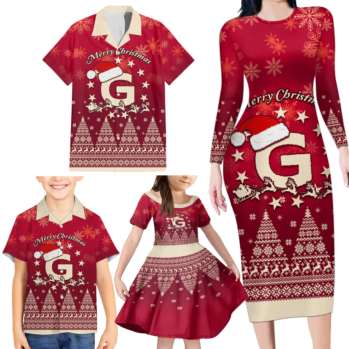 Georgia Christmas Family Matching Long Sleeve Bodycon Dress and Hawaiian Shirt Santa Riding Reindeer Xmas Pattern - Wonder Print Shop