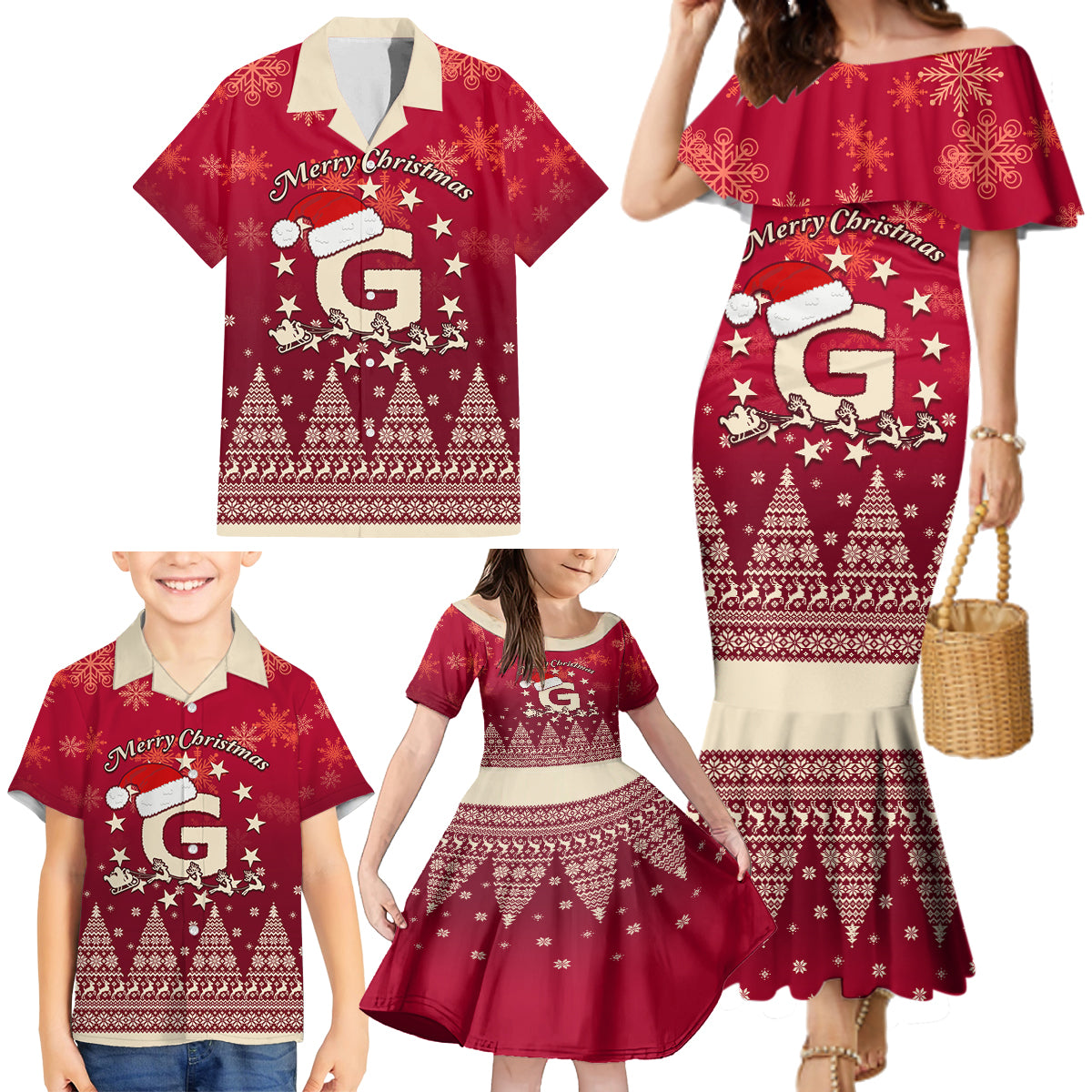 Georgia Christmas Family Matching Mermaid Dress and Hawaiian Shirt Santa Riding Reindeer Xmas Pattern - Wonder Print Shop