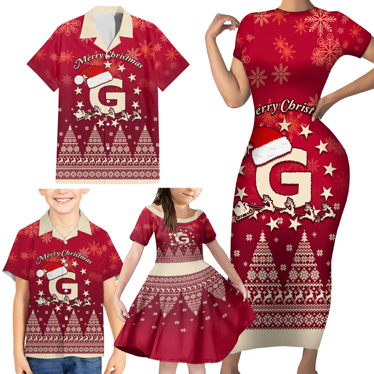 Georgia Christmas Family Matching Short Sleeve Bodycon Dress and Hawaiian Shirt Santa Riding Reindeer Xmas Pattern - Wonder Print Shop