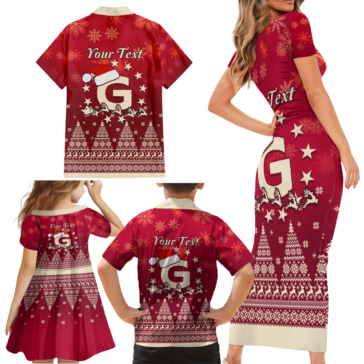 Georgia Christmas Family Matching Short Sleeve Bodycon Dress and Hawaiian Shirt Santa Riding Reindeer Xmas Pattern - Wonder Print Shop