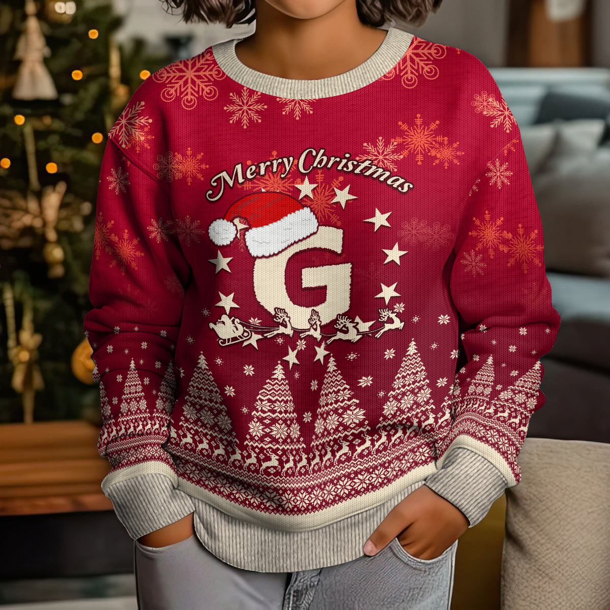 Georgia Christmas Kid Ugly Christmas Sweater Santa Riding Reindeer Xmas Pattern - Wonder Print Shop