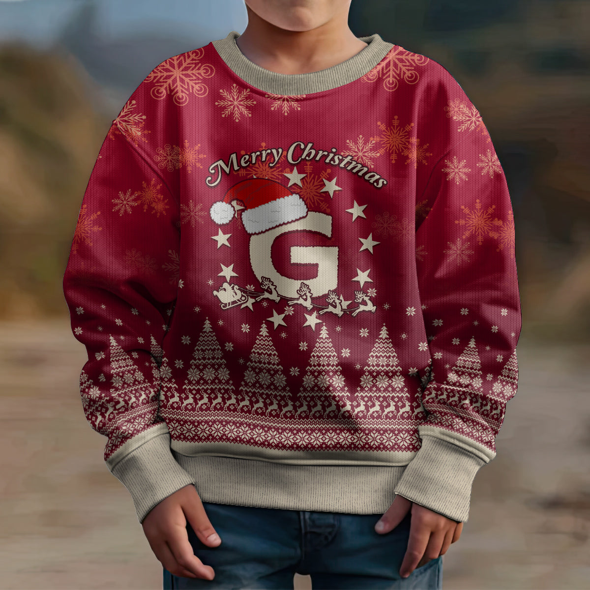 Georgia Christmas Kid Ugly Christmas Sweater Santa Riding Reindeer Xmas Pattern - Wonder Print Shop