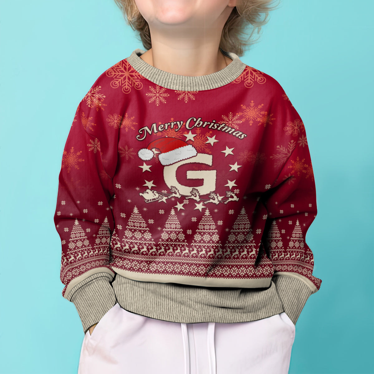 Georgia Christmas Kid Ugly Christmas Sweater Santa Riding Reindeer Xmas Pattern - Wonder Print Shop