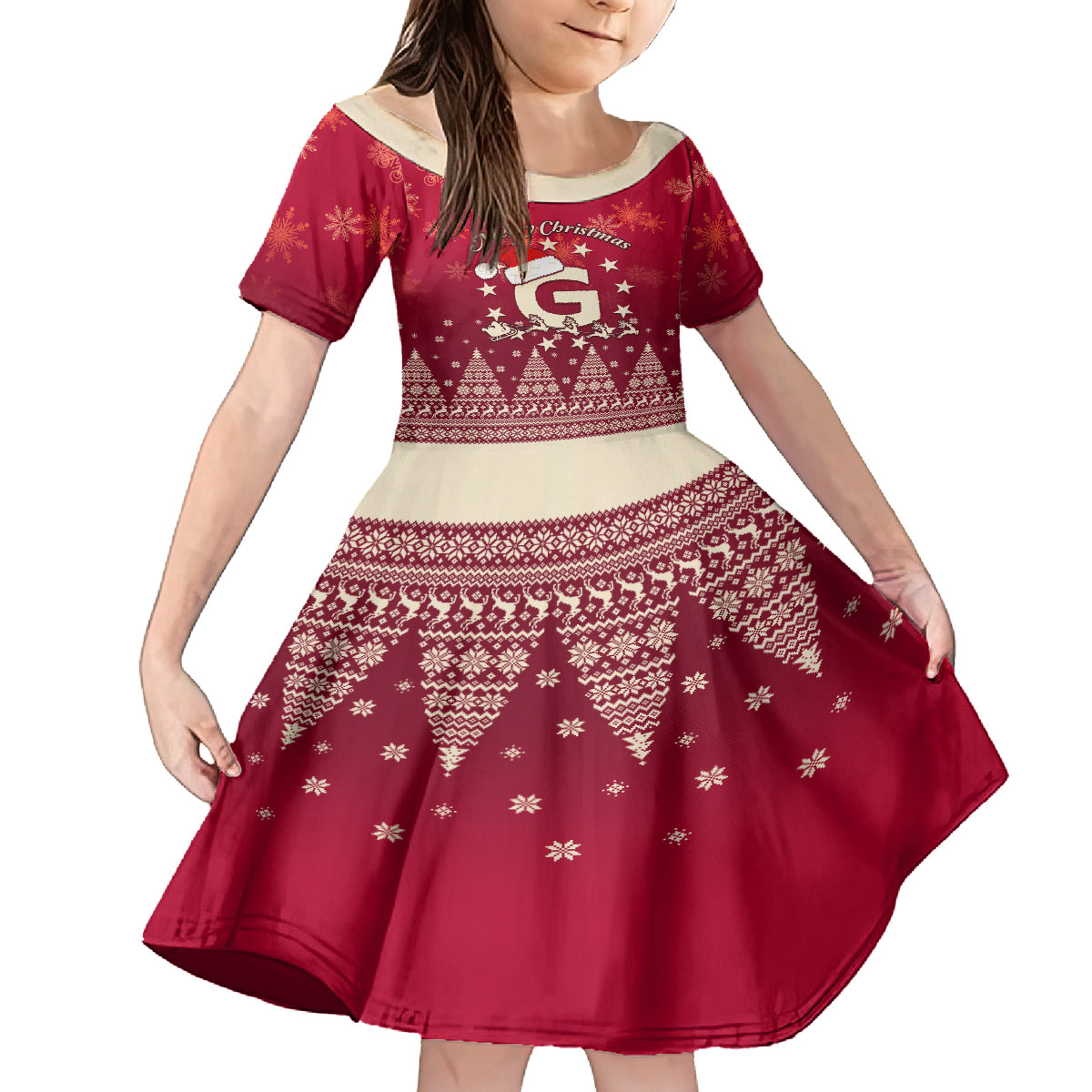 Georgia Christmas Kid Short Sleeve Dress Santa Riding Reindeer Xmas Pattern - Wonder Print Shop
