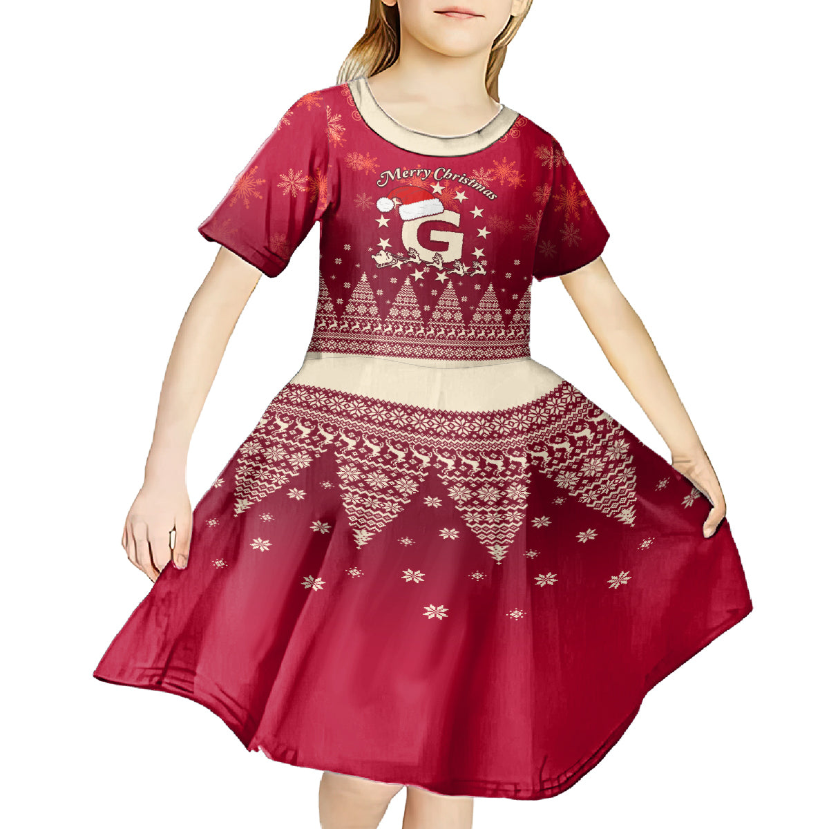 Georgia Christmas Kid Short Sleeve Dress Santa Riding Reindeer Xmas Pattern - Wonder Print Shop
