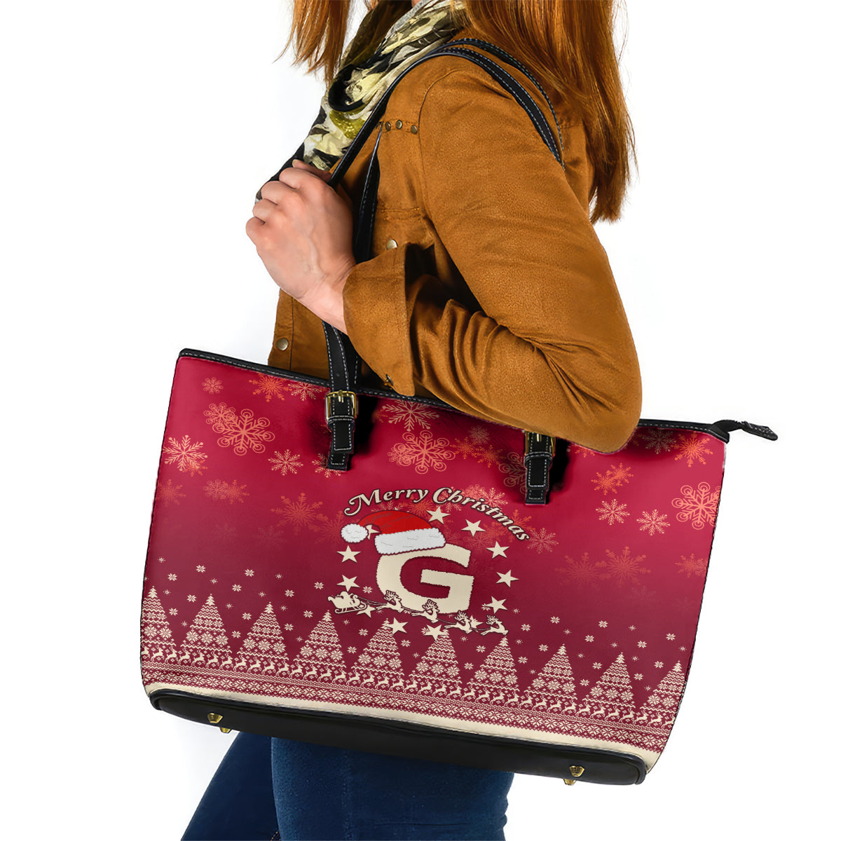 Georgia Christmas Leather Tote Bag Santa Riding Reindeer Xmas Pattern - Wonder Print Shop